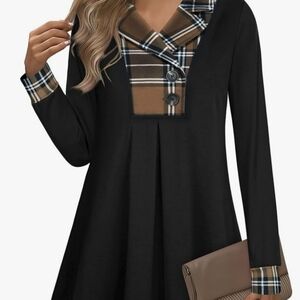 Timeson Long Tunic Notch Collar Plaid Coffee And Black Woman's Large Button Top